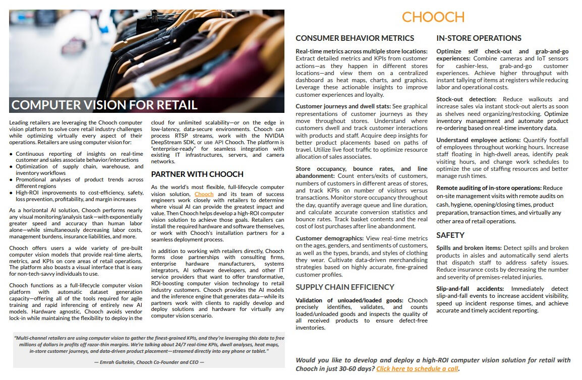 This two-page datasheet (2-Pager) for a cutting-edge visual AI solution -- CHOOCH.AI -- describes the advantages, capabilities, and ROI of using Chooch computer vision strategies in the retail industry.